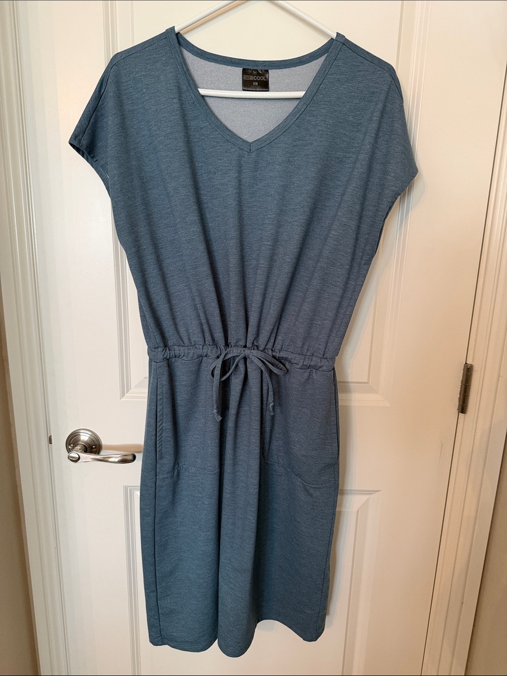 32 Cool Slate Blue V-Neck Drawstring T Shirt Dress